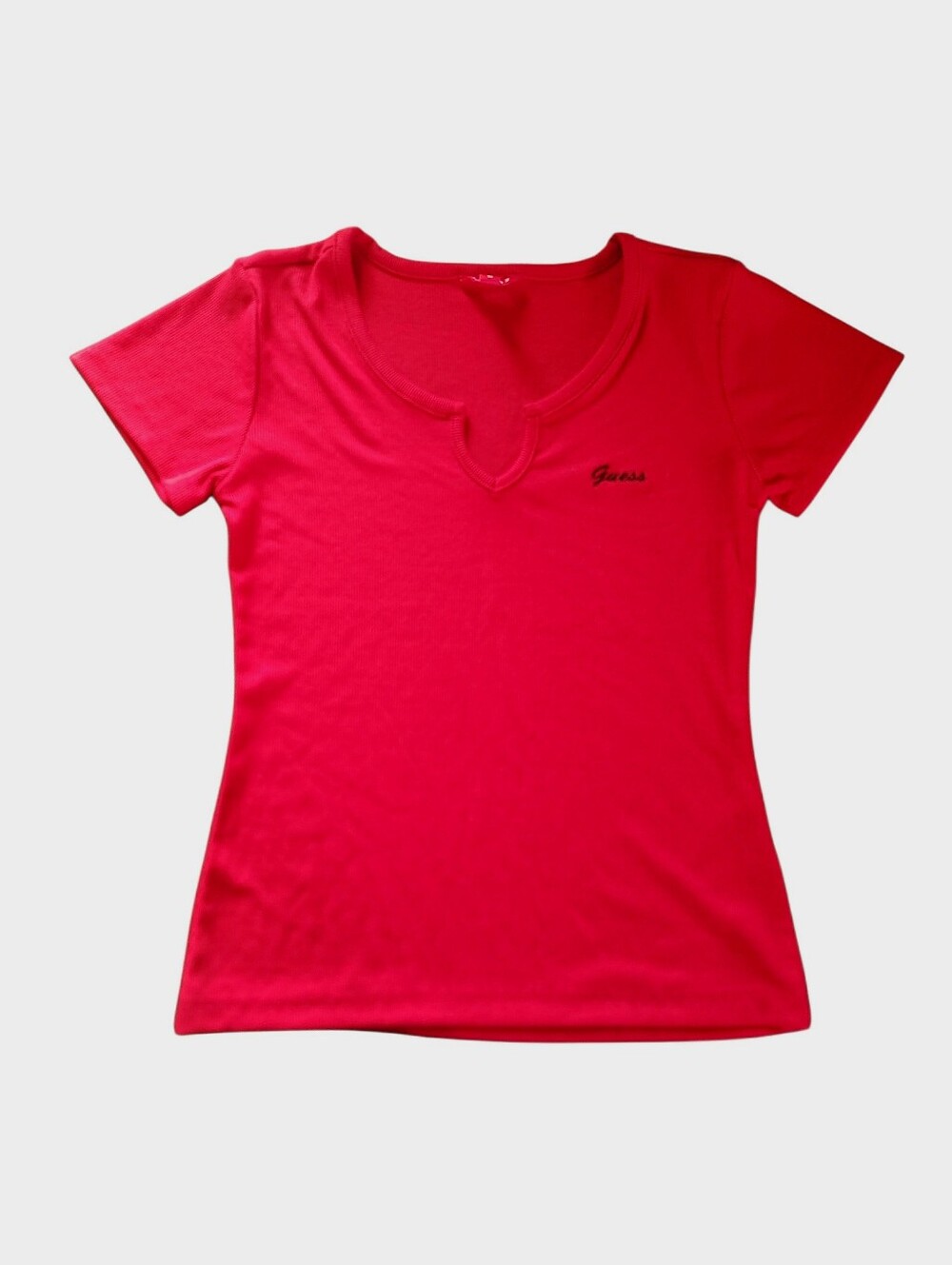 Guess Y2K Style Ribbed Short Sleeve‎ Shirt True Red Fitted Tee